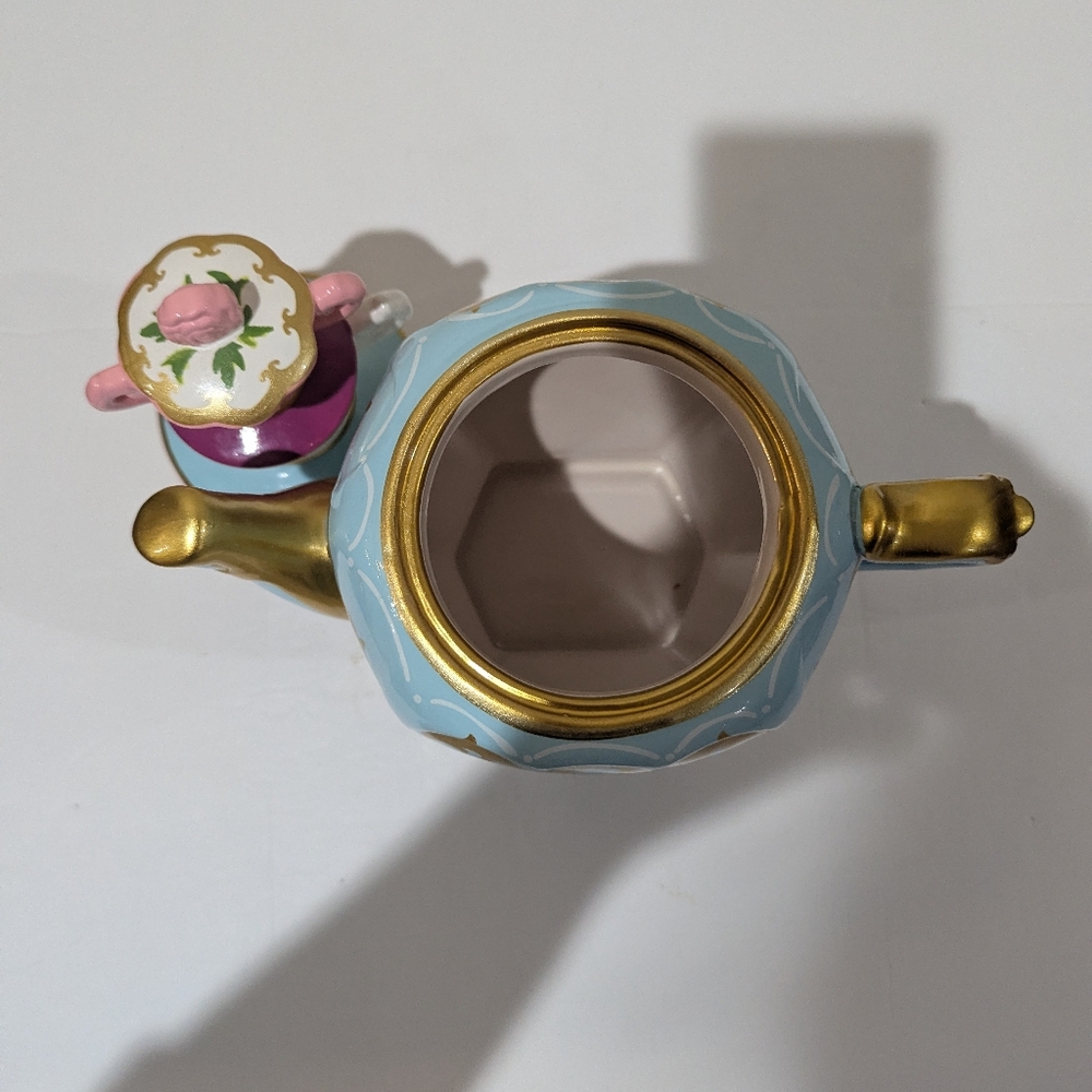 Alice In Wonderland, Elegant Blue and Gold Teapot with Pink Floral Lid 11"X9" - Picture 8 of 13